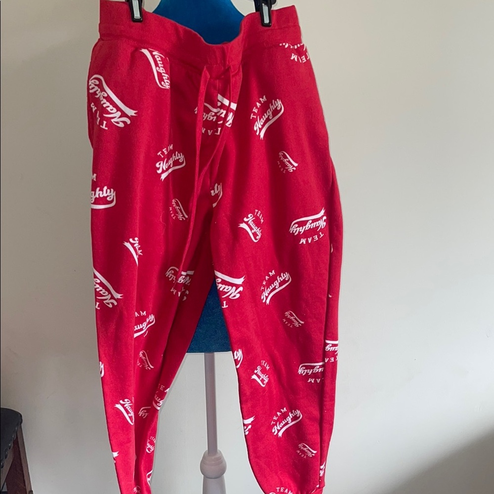 Red Jogger Pants with White Print Team Naughty